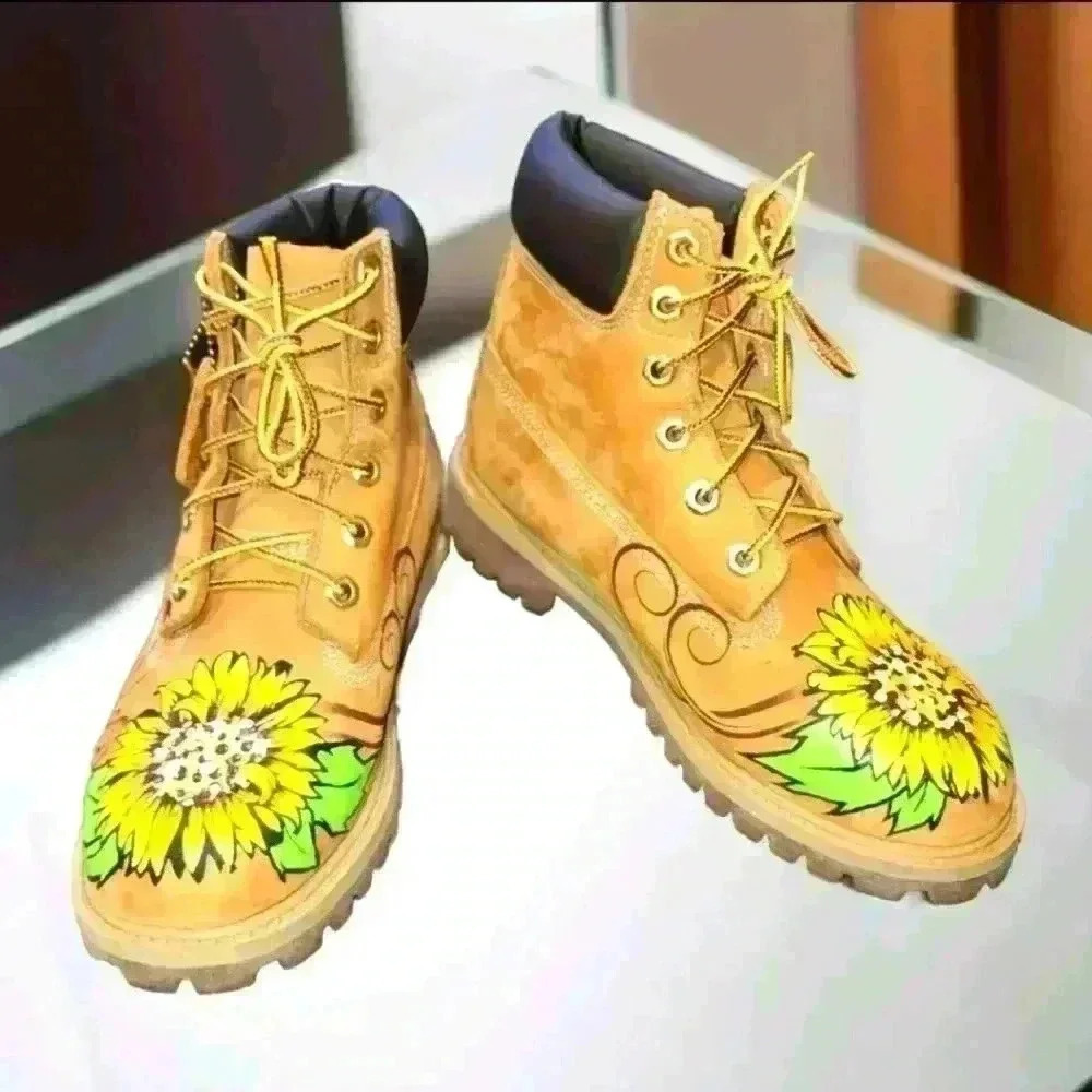 623hc. Custom Hand Painted Sunflower Timberland Premium Waterproof Boots Wheat